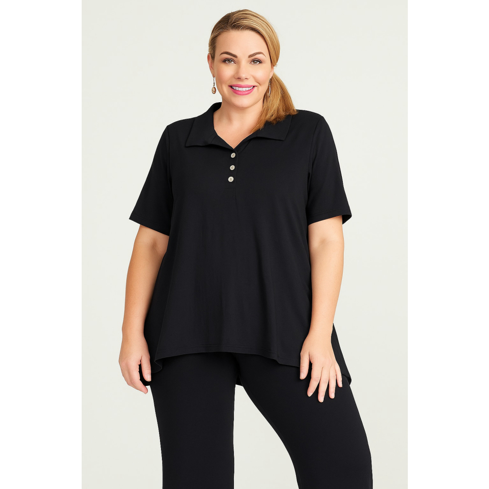 Plus Size 4XL Black Polo Tunic Top Rayon Spandex Stretch Button Front